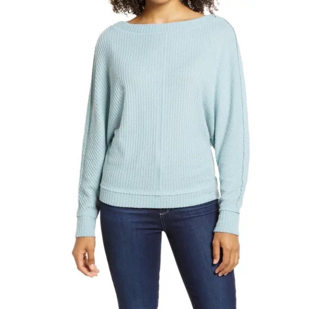 NWT Nordstrom Dolman Sleeve Waffle Knit Thermal Sweater Green Size XS Caslon Top